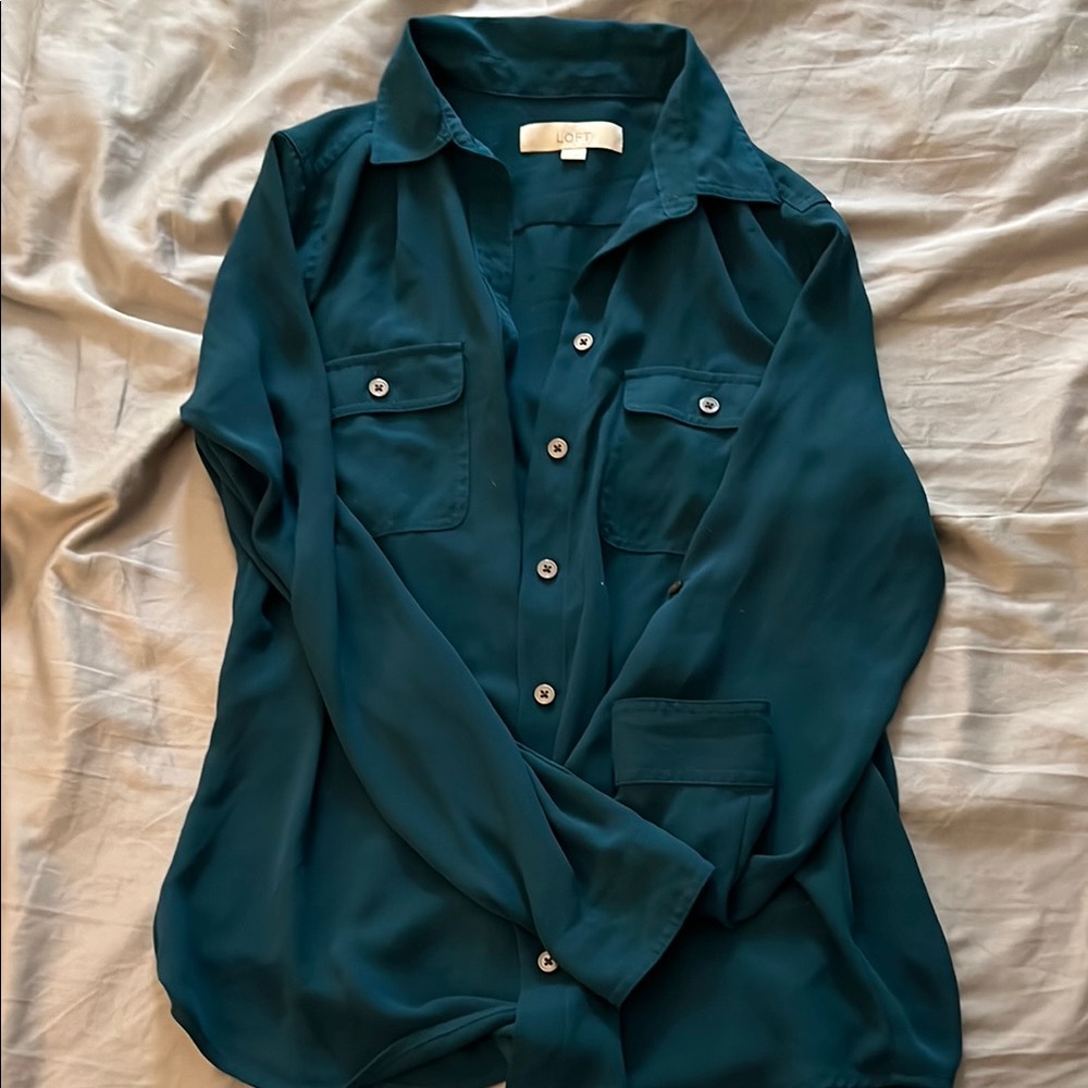 LOFT Women's Teal Button-Up utility Blouse